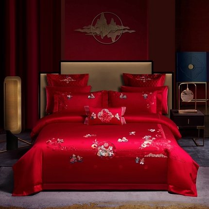 美娘阁 2025新款长绒棉贡缎提花款新中式古典韵味精美刺绣婚庆四件套多件套 百子佳缘