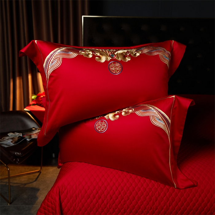 91家纺网 家纺一手货源 找家纺 美娘阁 2025新款长绒棉贡缎新中式古典韵味精美刺绣婚庆四件套多件套系列 凤舞九天