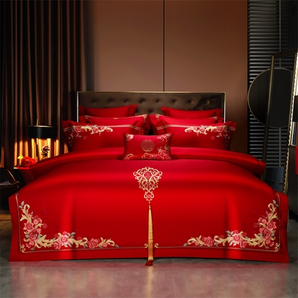 91家纺网 家纺一手货源 找家纺 （总）美娘阁 2025新款长绒棉贡缎新中式古典韵味精美刺绣婚庆四件套多件套系列