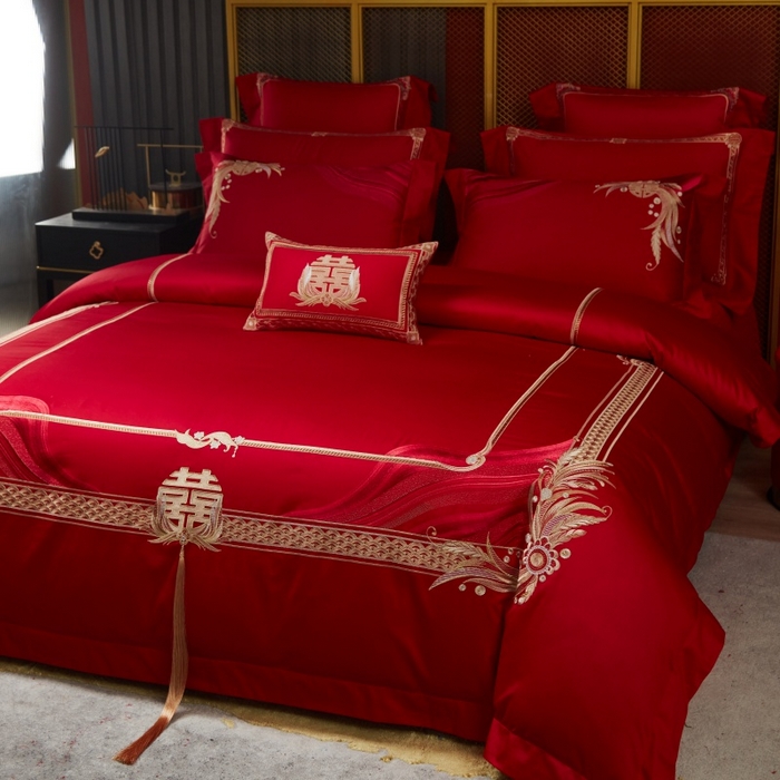 91家纺网 家纺一手货源 找家纺 美娘阁 2025新款长绒棉贡缎新中式古典韵味精美刺绣婚庆四件套多件套系列 缘定三生（金）