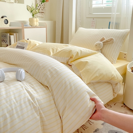 Mr.pig猪先生水洗棉 2024新款A类小清新全棉四件套纯棉床单被套床笠学生宿舍三件套床床上用品 淡黄条
