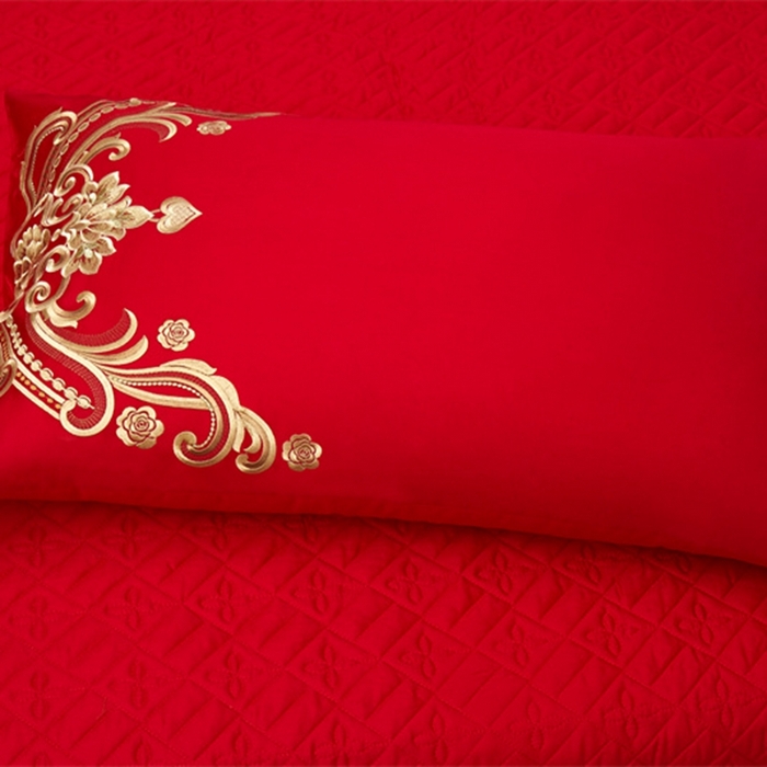 91家纺网 家纺一手货源 找家纺 美娘阁 2025新款长绒棉贡缎提花款新中式古典韵味精美刺绣婚庆四件套多件套 花香四溢（金）