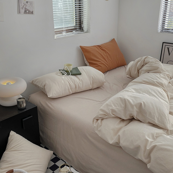 91家纺网 家纺一手货源 找家纺 2024新款A类全棉纯棉纯色双拼色织水洗棉四件套 米密条