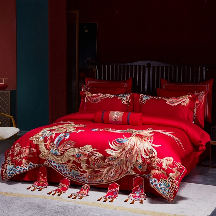 91家纺网 家纺一手货源 找家纺 美娘阁 2025新款长绒棉贡缎新中式古典韵味精美刺绣婚庆四件套多件套系列 龙章凤姿（荷包款）
