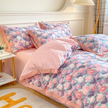 91家纺网 家纺一手货源 找家纺 （总）宇彬家纺 2024直播新款13372全棉纯棉韩版刺绣花边和印花花边床单床笠款四件套和单被套喷气清新