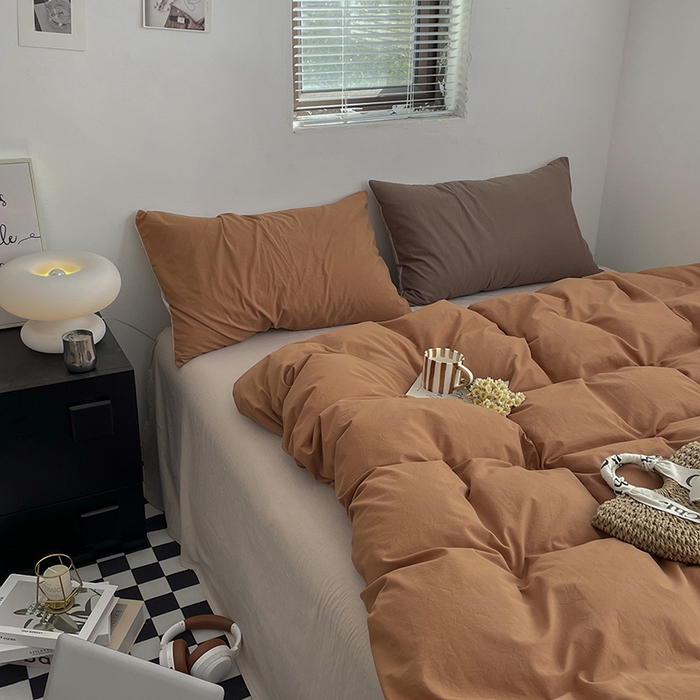 91家纺网 家纺一手货源 找家纺 2024新款A类全棉纯棉纯色双拼色织水洗棉四件套 南瓜拼卡其