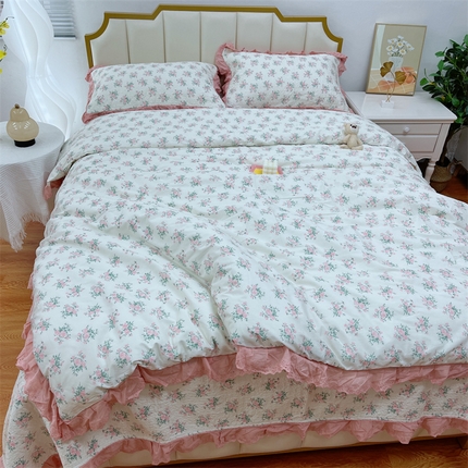 91家纺网 家纺一手货源 找家纺 暖居 2024新款砂洗棉花被套全棉床盖四件套绗缝夹棉纯棉床盖三件套茉莉