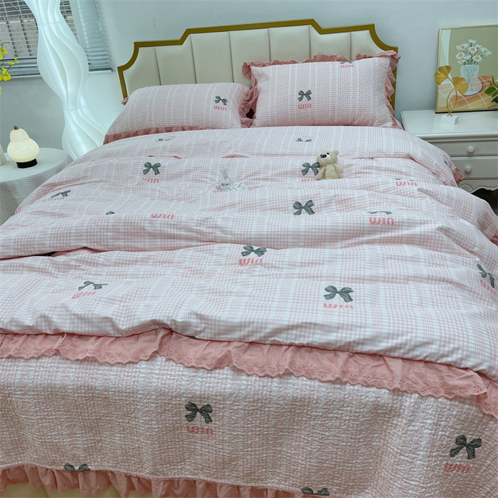 91家纺网 家纺一手货源 找家纺 暖居 2024新款砂洗棉花被套全棉床盖四件套绗缝夹棉纯棉床盖三件套蝴蝶结