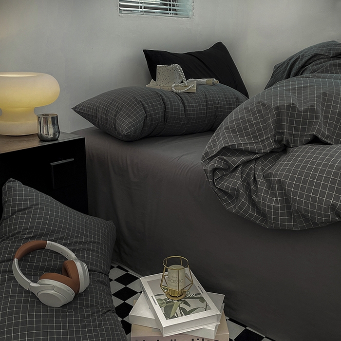 91家纺网 家纺一手货源 找家纺 2024新款A类全棉纯棉纯色双拼色织水洗棉四件套 小灰格