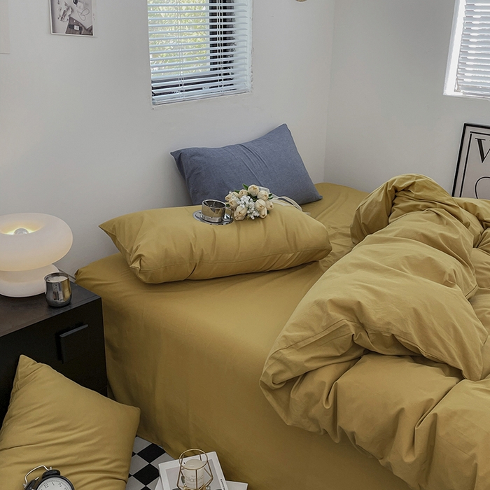 91家纺网 家纺一手货源 找家纺 2024新款A类全棉纯棉纯色双拼色织水洗棉四件套 姜黄色