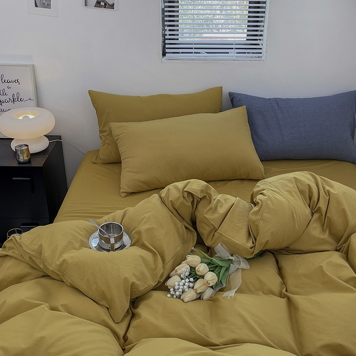 91家纺网 家纺一手货源 找家纺 2024新款A类全棉纯棉纯色双拼色织水洗棉四件套 姜黄色