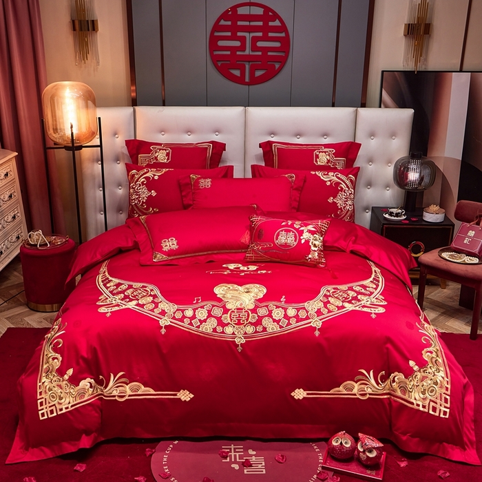 91家纺网 家纺一手货源 找家纺 美娘阁 2025新款长绒棉贡缎提花款新中式古典韵味精美刺绣婚庆四件套多件套 爱意浓浓（金）