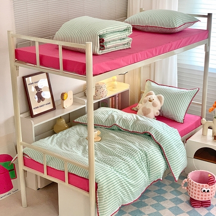 莱茵家居 2024新款A类全棉色织水洗棉贝壳边三件套 宾果绿细条