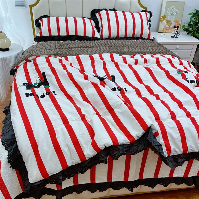 91家纺网 家纺一手货源 找家纺 暖居 2024新款豆豆被四件套棉花床盖三件套四季通用条纹猫