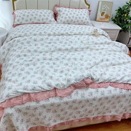 暖居 2024新款砂洗棉花被套全棉床盖四件套绗缝夹棉纯棉床盖三件套茉莉
