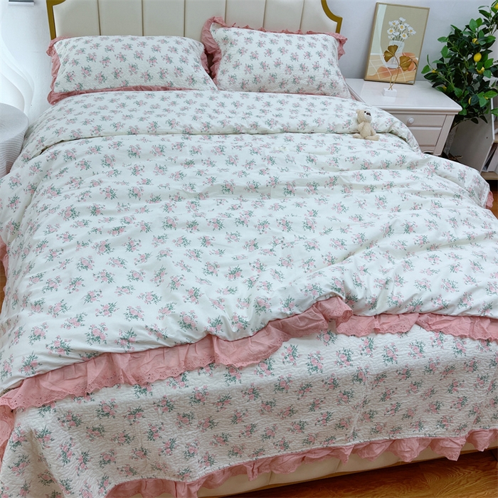 91家纺网 家纺一手货源 找家纺 暖居 2024新款砂洗棉花被套全棉床盖四件套绗缝夹棉纯棉床盖三件套茉莉