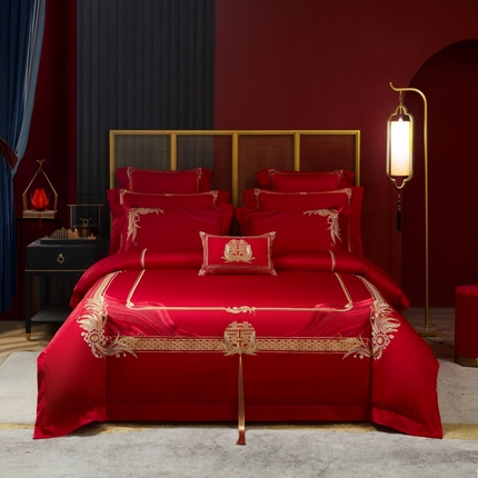 91家纺网 家纺一手货源 找家纺 （总）美娘阁 2025新款长绒棉贡缎新中式古典韵味精美刺绣婚庆四件套多件套系列