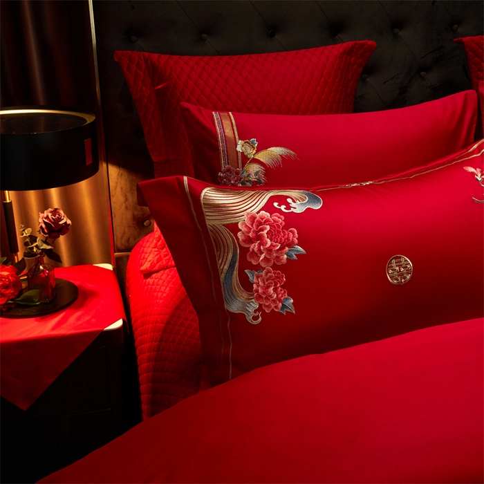 91家纺网 家纺一手货源 找家纺 美娘阁 2025新款长绒棉贡缎新中式古典韵味精美刺绣婚庆四件套多件套系列 相伴一生