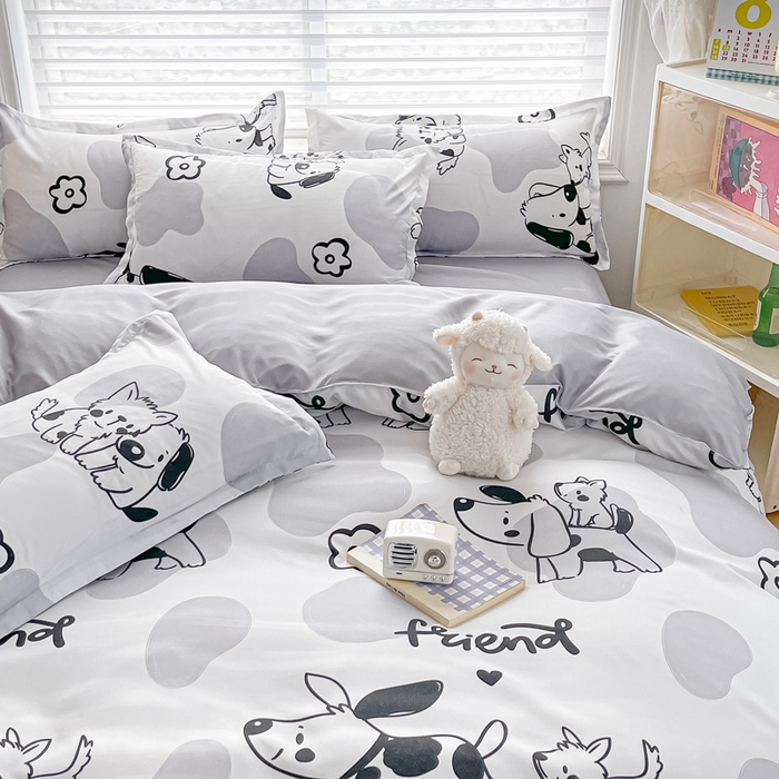 91家纺网 家纺一手货源 找家纺 楠沐家纺 2025年新款亲肤水洗棉芦荟棉磨毛单被套（第二批） 牛奶大耳狗