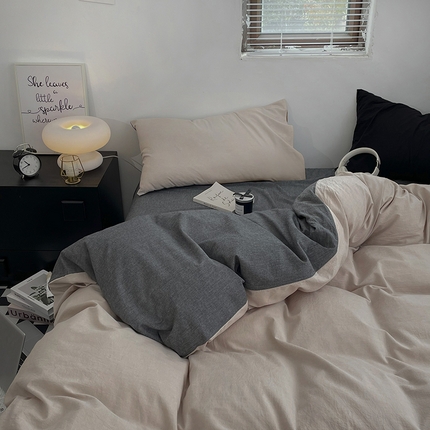 2024新款A类全棉纯棉纯色双拼色织水洗棉四件套 米色拼深灰