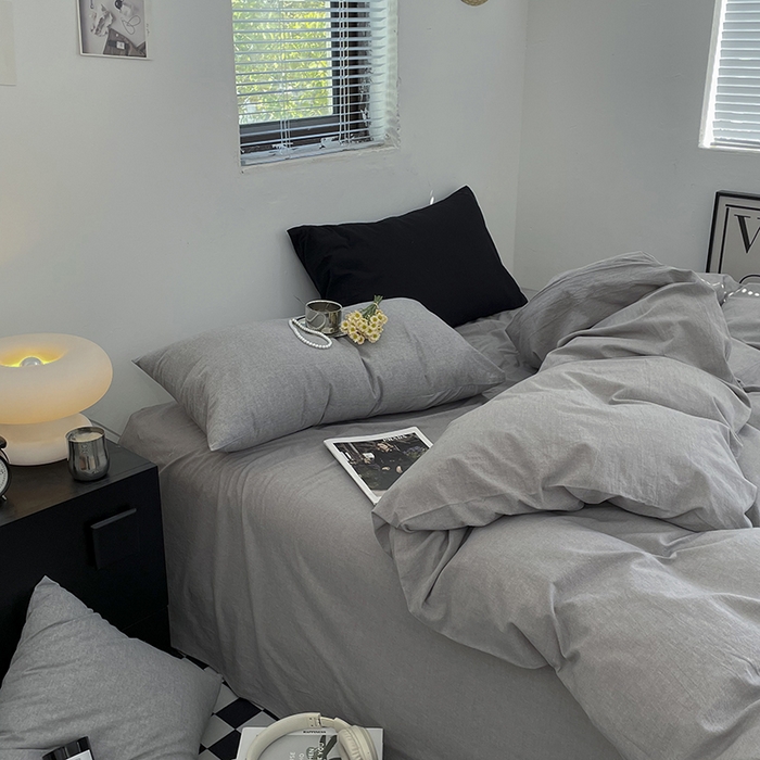 91家纺网 家纺一手货源 找家纺 2024新款A类全棉纯棉纯色双拼色织水洗棉四件套 浅灰色