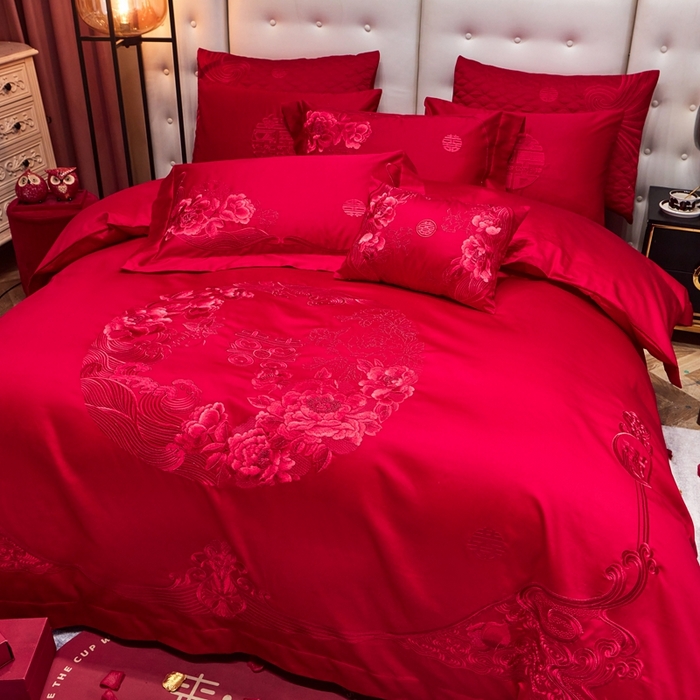 91家纺网 家纺一手货源 找家纺 美娘阁 2025新款长绒棉贡缎新中式古典韵味精美刺绣婚庆四件套多件套系列 全心全意