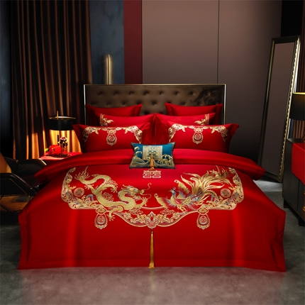 美娘阁 2025新款长绒棉贡缎新中式古典韵味精美刺绣婚庆四件套多件套系列 龙凤喜事