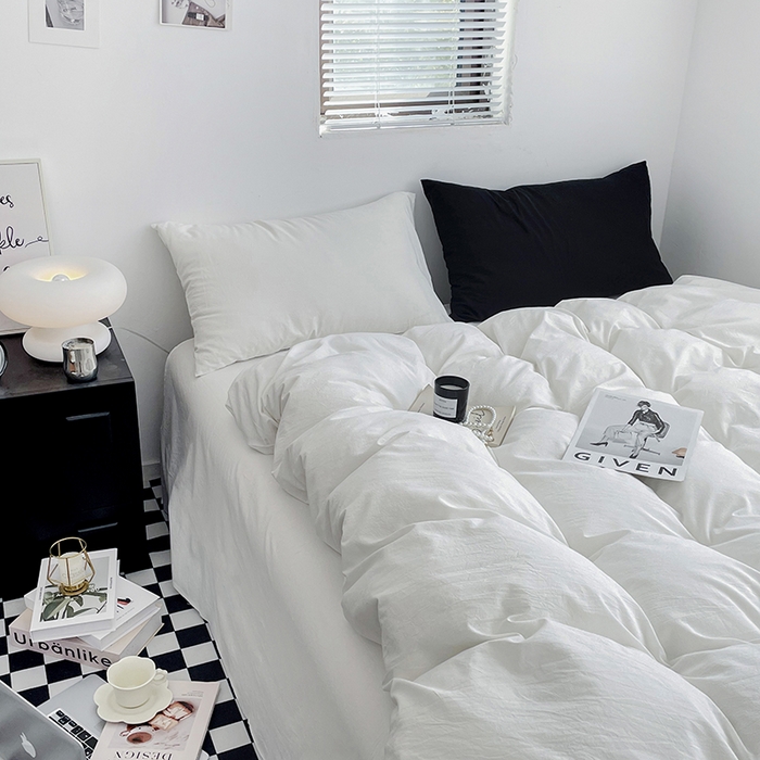 91家纺网 家纺一手货源 找家纺 2024新款A类全棉纯棉纯色双拼色织水洗棉四件套 雅白