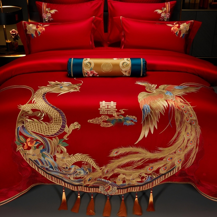 91家纺网 家纺一手货源 找家纺 美娘阁 2025新款长绒棉贡缎新中式古典韵味精美刺绣婚庆四件套多件套系列 九五至尊