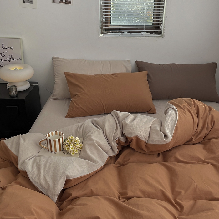 91家纺网 家纺一手货源 找家纺 2024新款A类全棉纯棉纯色双拼色织水洗棉四件套 南瓜拼卡其