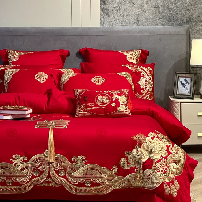 91家纺网 家纺一手货源 找家纺 美娘阁 2025新款长绒棉贡缎提花款新中式古典韵味精美刺绣婚庆四件套多件套 花开并蒂(金）