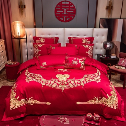 91家纺网 家纺一手货源 找家纺 （总）美娘阁 2025新款长绒棉贡缎提花款新中式古典韵味精美刺绣婚庆四件套多件套