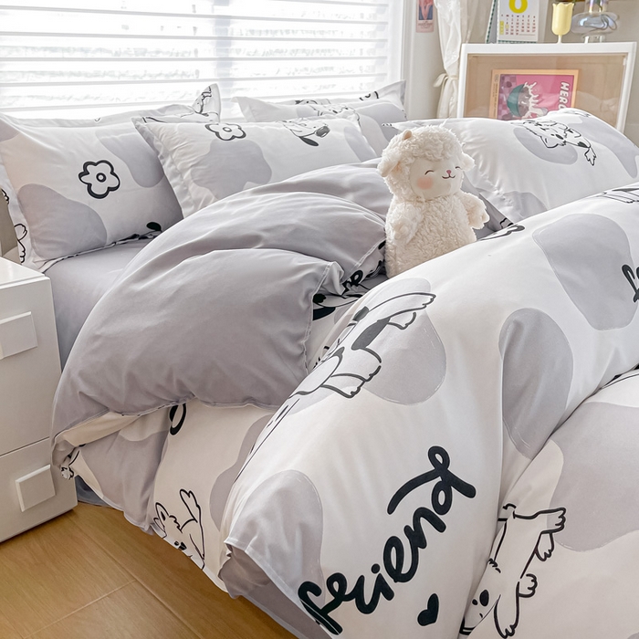 91家纺网 家纺一手货源 找家纺 楠沐家纺 2025年新款亲肤水洗棉芦荟棉磨毛单被套（第二批） 牛奶大耳狗