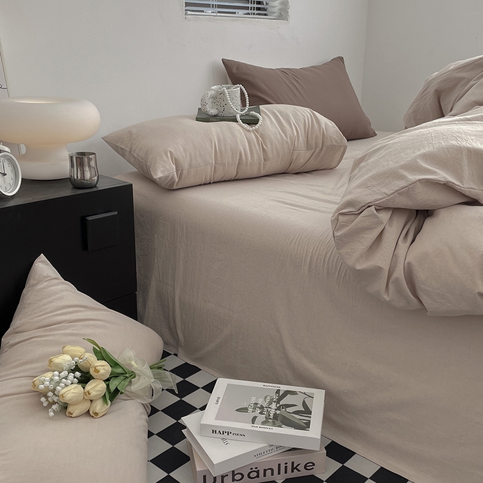 91家纺网 家纺一手货源 找家纺 2024新款A类全棉纯棉纯色双拼色织水洗棉四件套 卡其