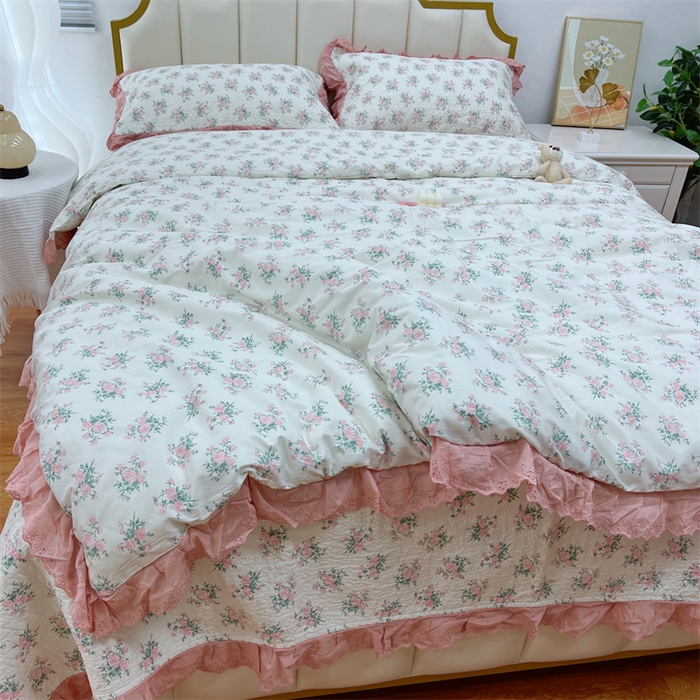 91家纺网 家纺一手货源 找家纺 暖居 2024新款砂洗棉花被套全棉床盖四件套绗缝夹棉纯棉床盖三件套茉莉