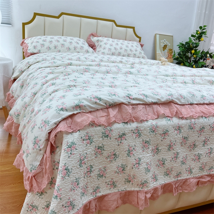 91家纺网 家纺一手货源 找家纺 暖居 2024新款砂洗棉花被套全棉床盖四件套绗缝夹棉纯棉床盖三件套茉莉