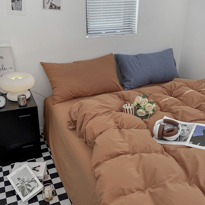 91家纺网 家纺一手货源 找家纺 2024新款A类全棉纯棉纯色双拼色织水洗棉四件套 南瓜色