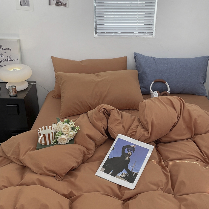 91家纺网 家纺一手货源 找家纺 2024新款A类全棉纯棉纯色双拼色织水洗棉四件套 南瓜色