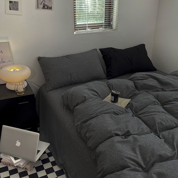 91家纺网 家纺一手货源 找家纺 2024新款A类全棉纯棉纯色双拼色织水洗棉四件套 深灰色