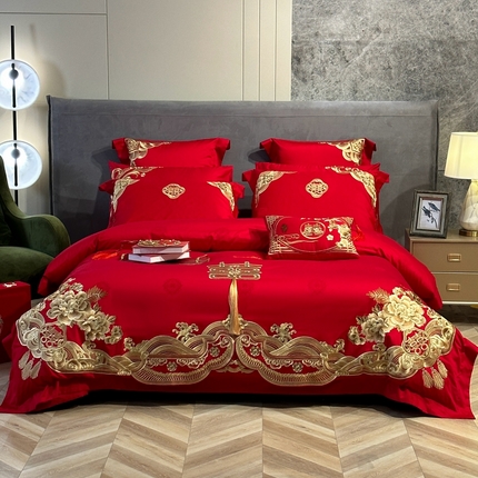 91家纺网 家纺一手货源 找家纺 （总）美娘阁 2025新款长绒棉贡缎提花款新中式古典韵味精美刺绣婚庆四件套多件套