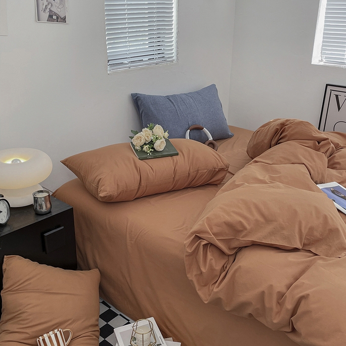 91家纺网 家纺一手货源 找家纺 2024新款A类全棉纯棉纯色双拼色织水洗棉四件套 南瓜色