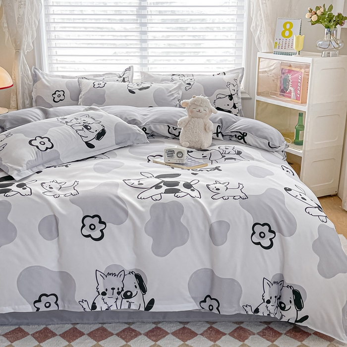 91家纺网 家纺一手货源 找家纺 楠沐家纺 （套件）2025新款亲肤芦荟棉美棉磨毛印花四件套(第二批) 牛奶大耳狗