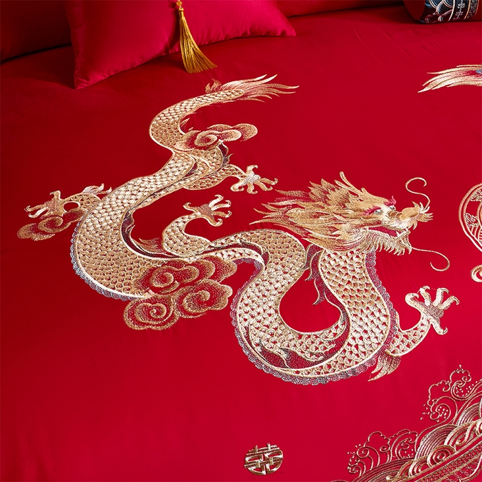 91家纺网 家纺一手货源 找家纺 振翼 2025新款40s全棉丝光喷气婚庆四件套多件套1 龙凤之恋