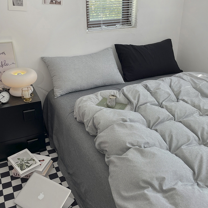 91家纺网 家纺一手货源 找家纺 2024新款A类全棉纯棉纯色双拼色织水洗棉四件套 深灰密条