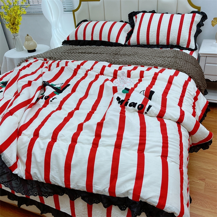 91家纺网 家纺一手货源 找家纺 暖居 2024新款豆豆被四件套棉花床盖三件套四季通用条纹猫