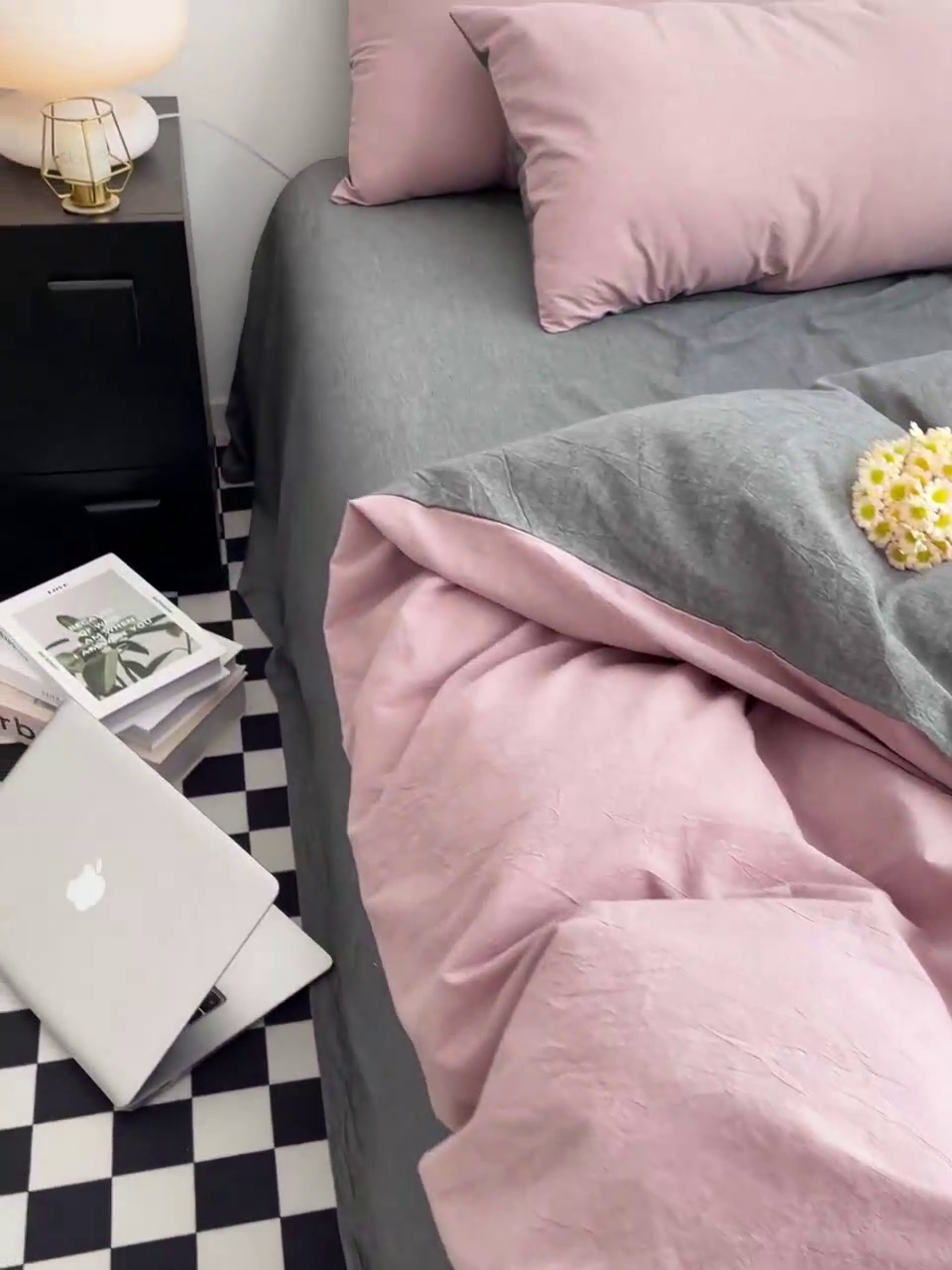 91家纺网 家纺一手货源 找家纺 2024新款A类全棉纯棉纯色双拼色织水洗棉四件套 豆沙拼深灰