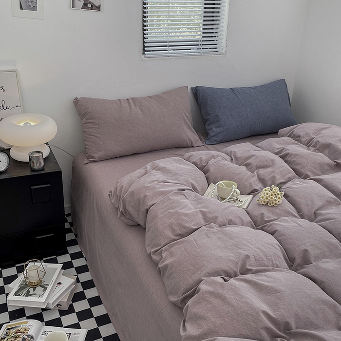 91家纺网 家纺一手货源 找家纺 2024新款A类全棉纯棉纯色双拼色织水洗棉四件套 豆沙色