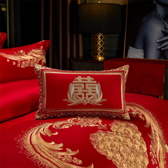 91家纺网 家纺一手货源 找家纺 美娘阁 2025新款长绒棉贡缎新中式古典韵味精美刺绣婚庆四件套多件套系列 玫瑰恋人（金）