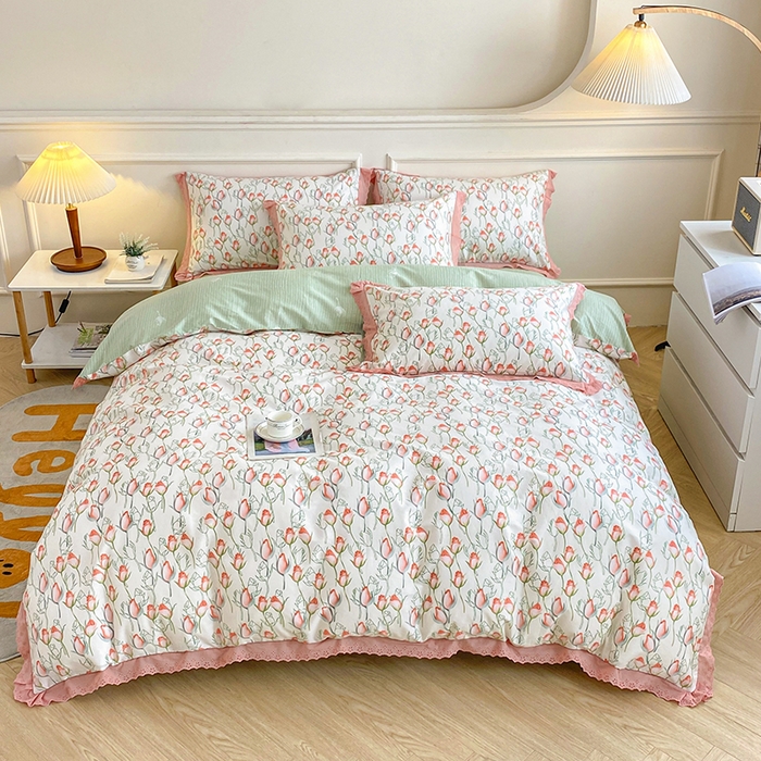 91家纺网 家纺一手货源 找家纺 宇彬家纺 2024直播新款13372全棉纯棉韩版刺绣花边和印花花边床单床笠款四件套和单被套喷气清新 刺绣花边-南茜花园