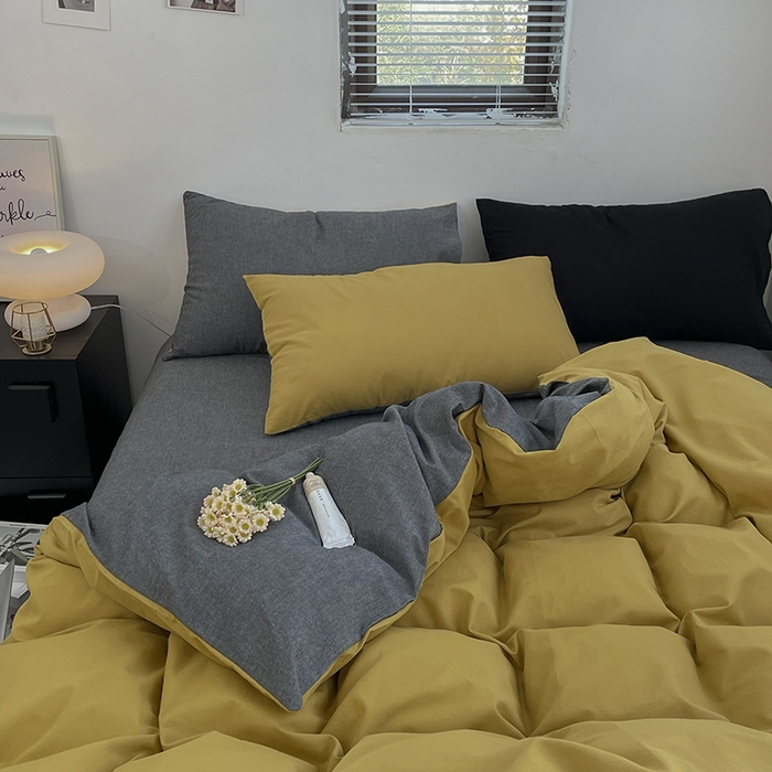 91家纺网 家纺一手货源 找家纺 2024新款A类全棉纯棉纯色双拼色织水洗棉四件套 姜黄拼深灰